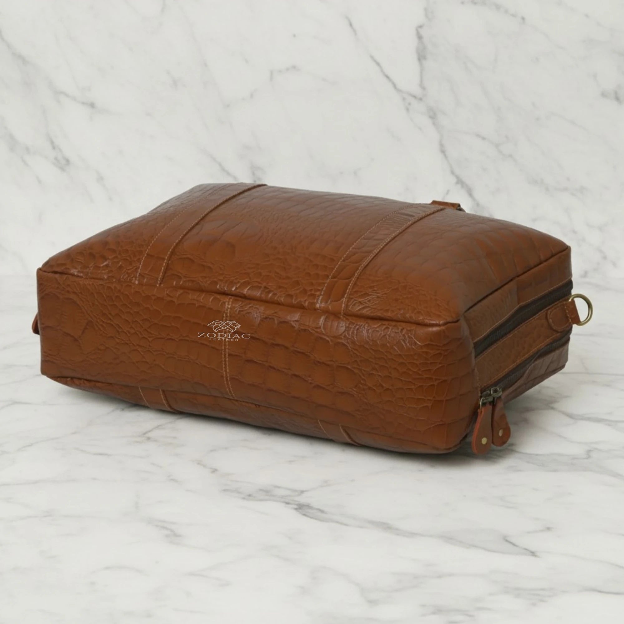 Zodiac Crocodile Embossed Leather Briefcase - Brown