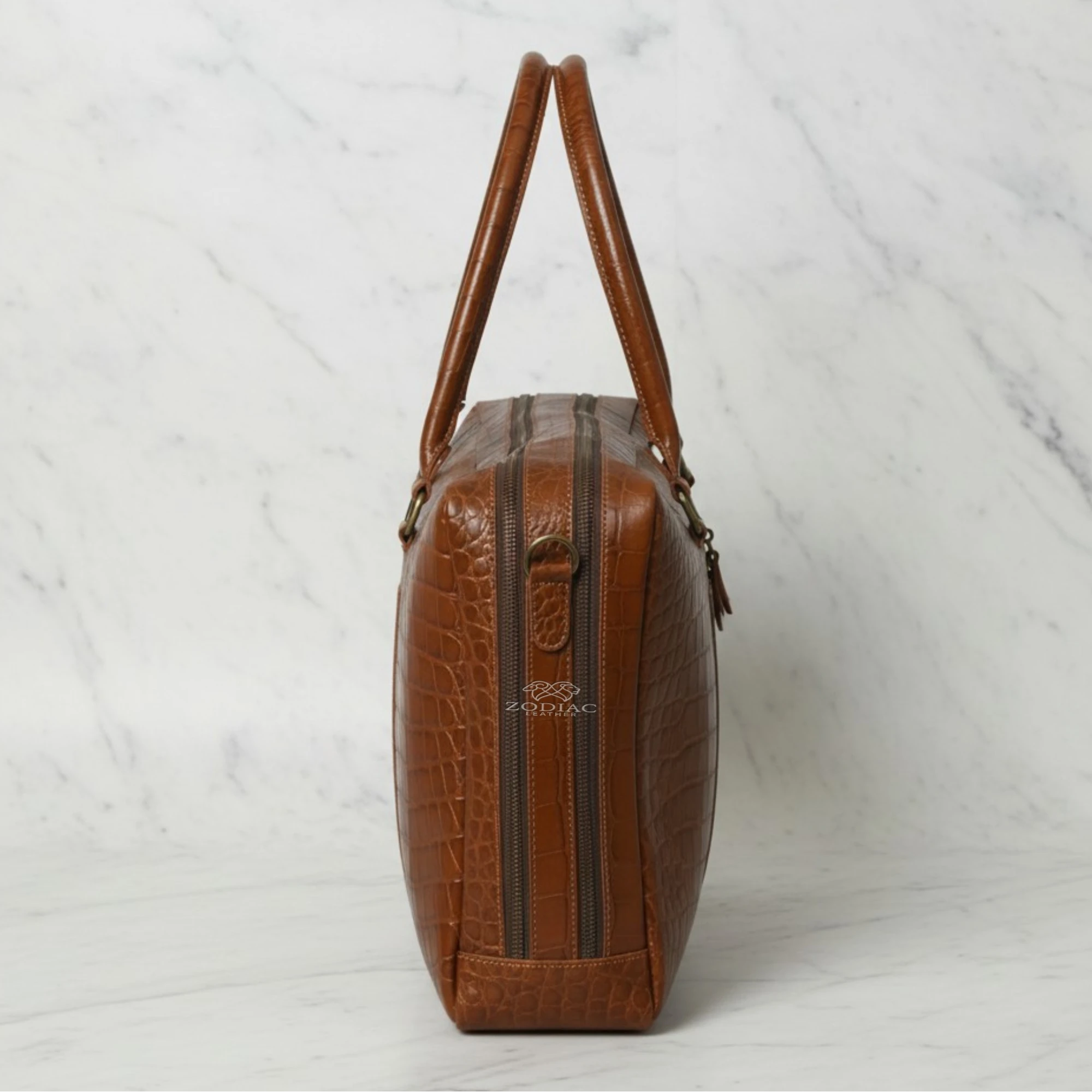 Zodiac Crocodile Embossed Leather Briefcase - Brown