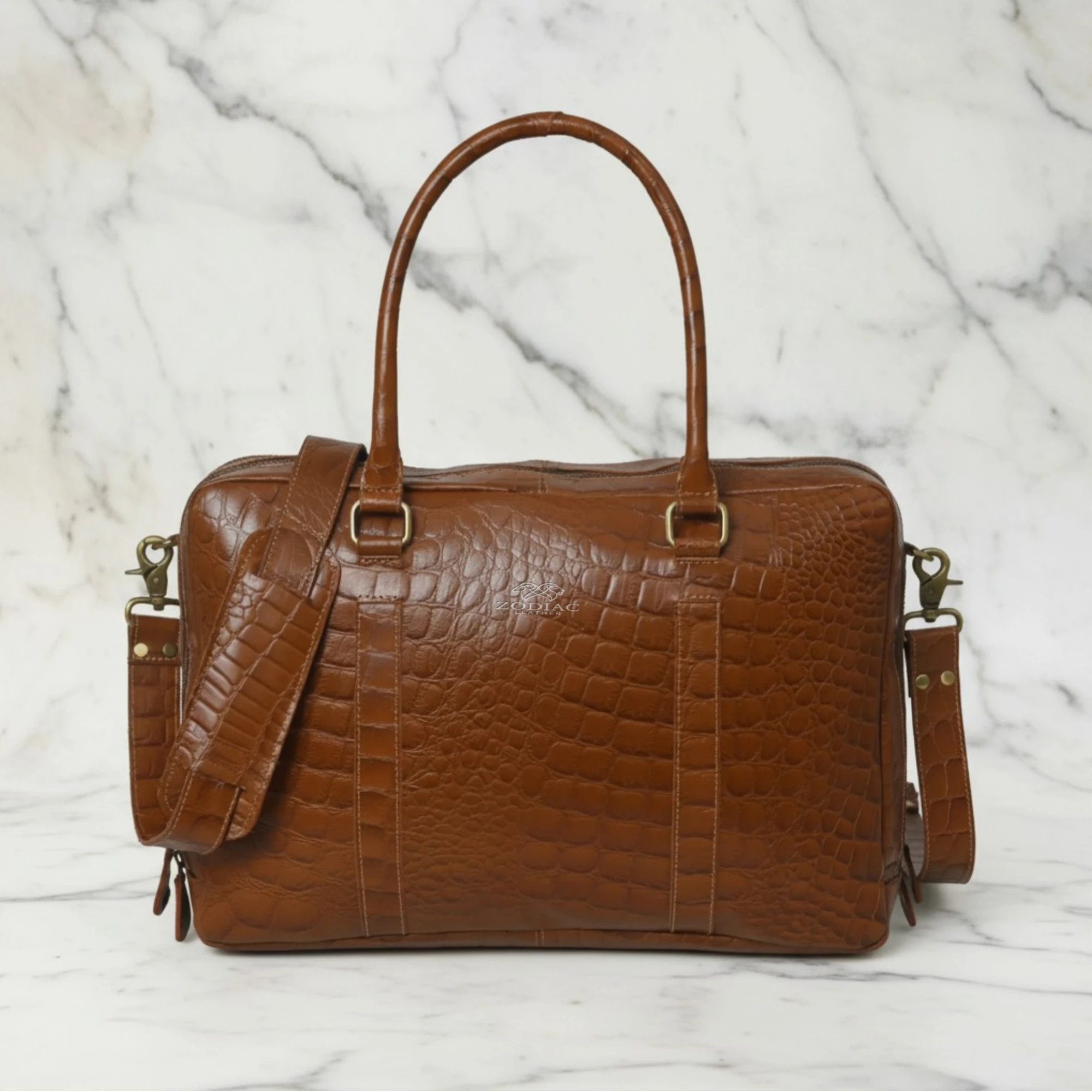 Zodiac Crocodile Embossed Leather Briefcase - Brown