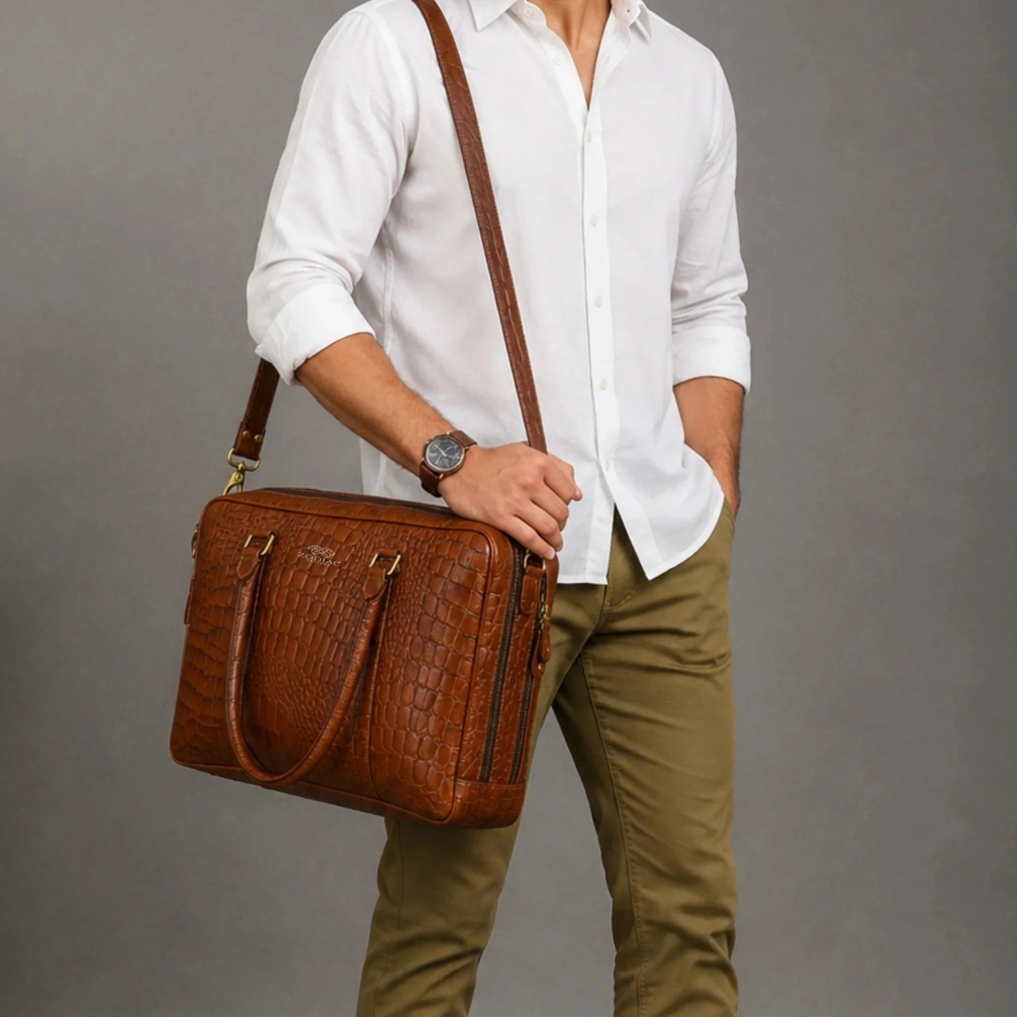 Zodiac Crocodile Embossed Leather Briefcase - Brown