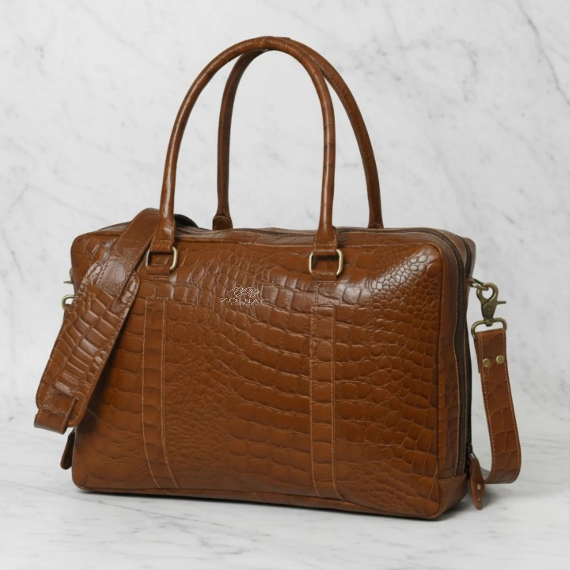 Zodiac Crocodile Embossed Leather Briefcase - Brown