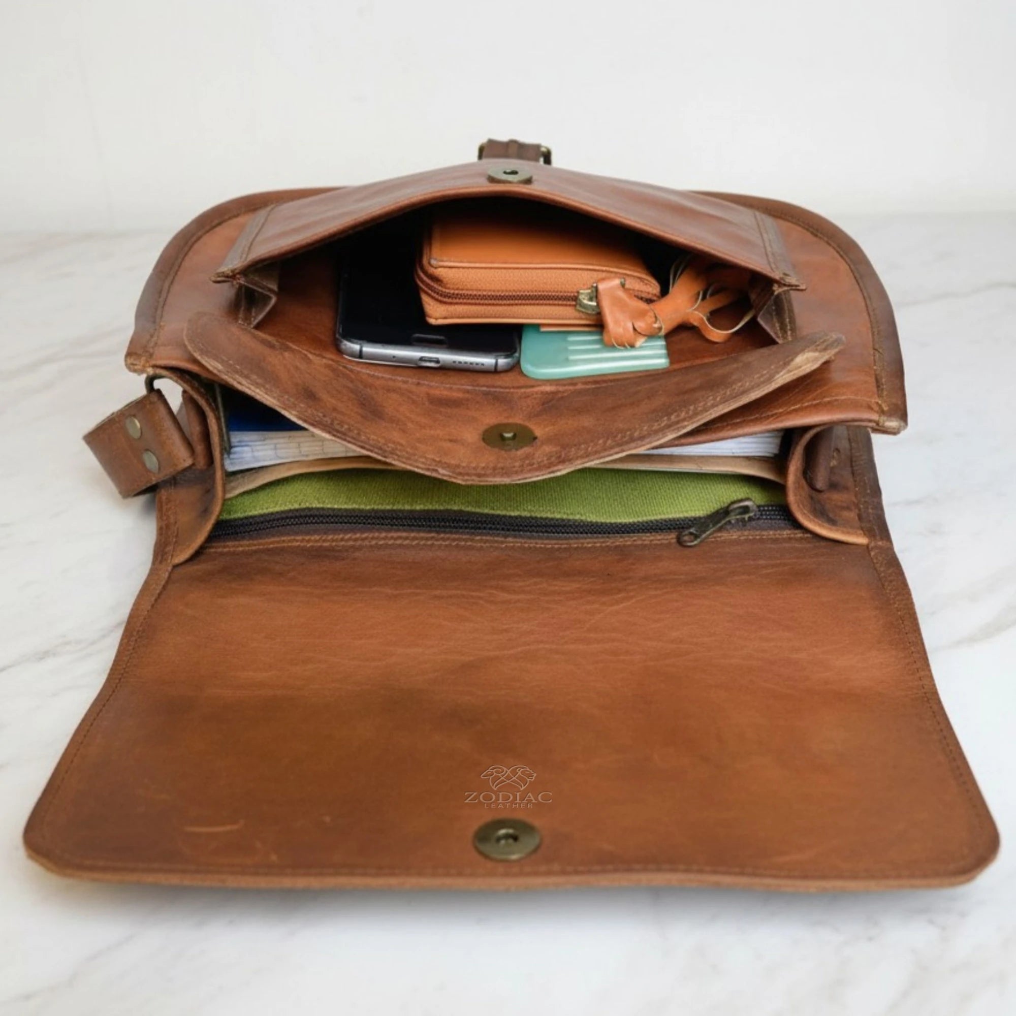 Zodiac Laelia Genuine Leather Satchel Bag Brown