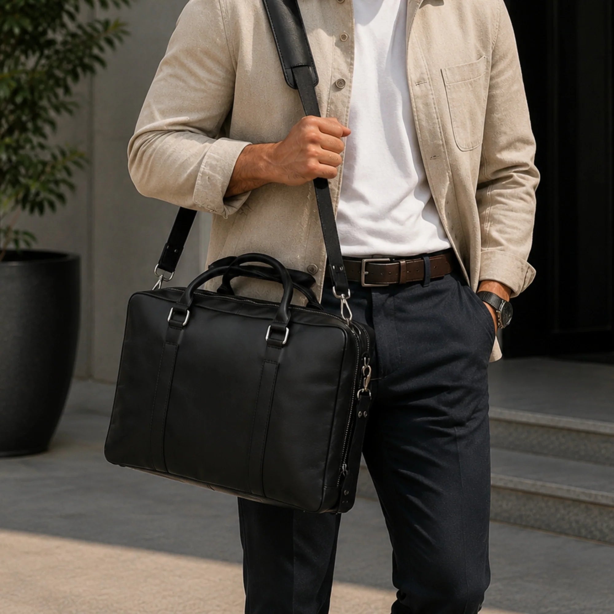 Jamie Buffalo Leather Briefcase- Black