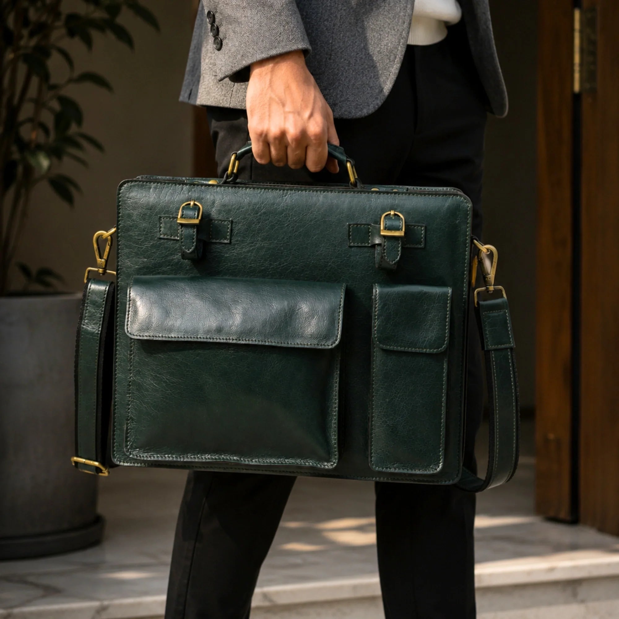 Kai Full Grain Leather Briefcase - Dark Green