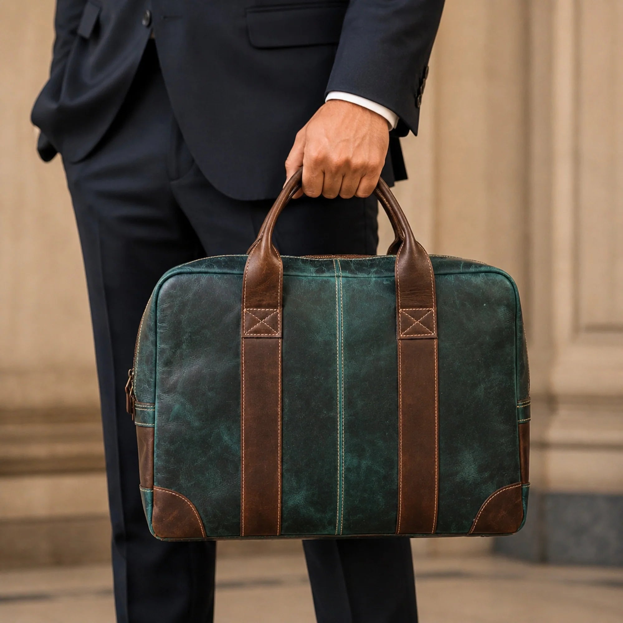 Leo Full grain Leather Briefcase - Green