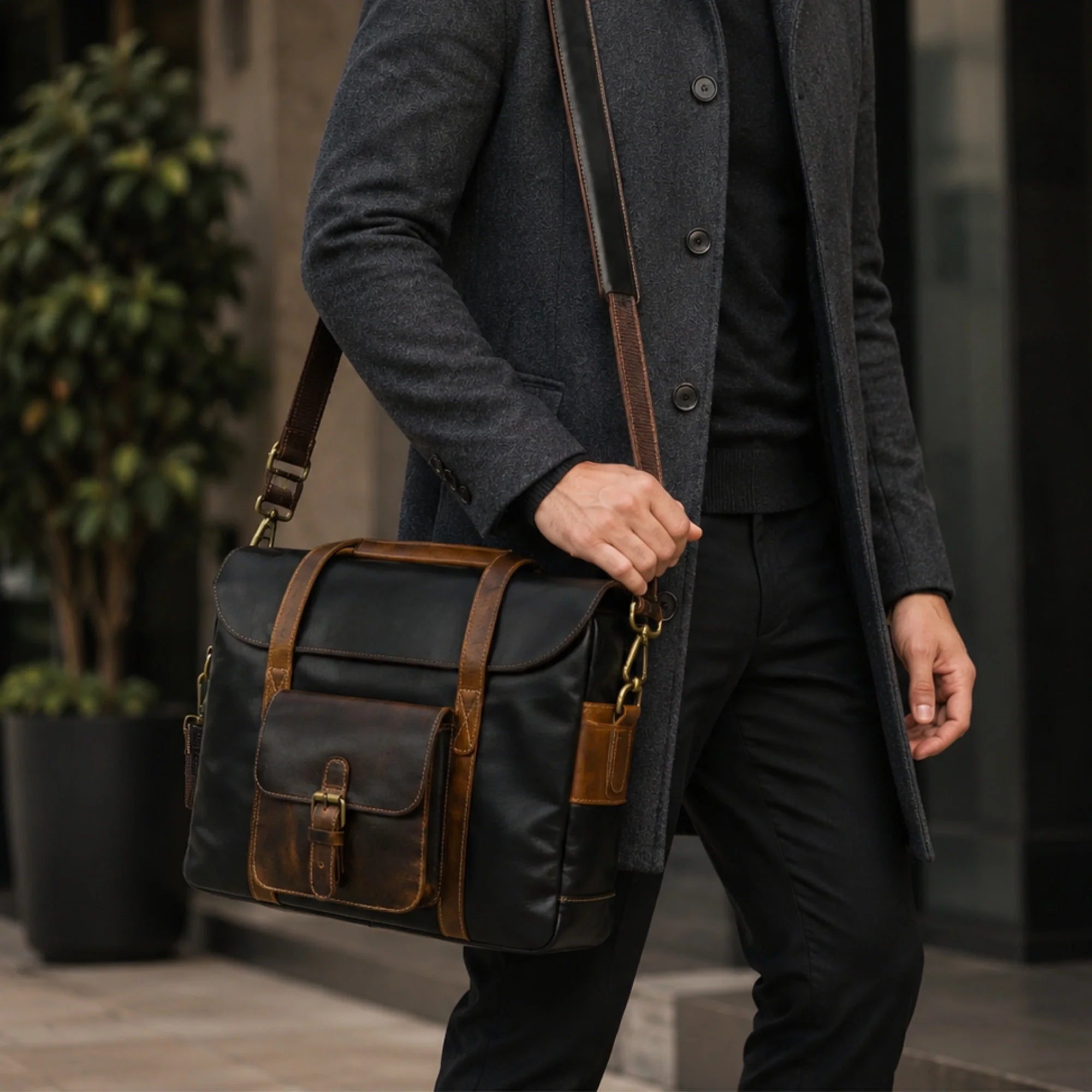 Person holding a brown leather bag wearing a dark coat and pants outdoors.
