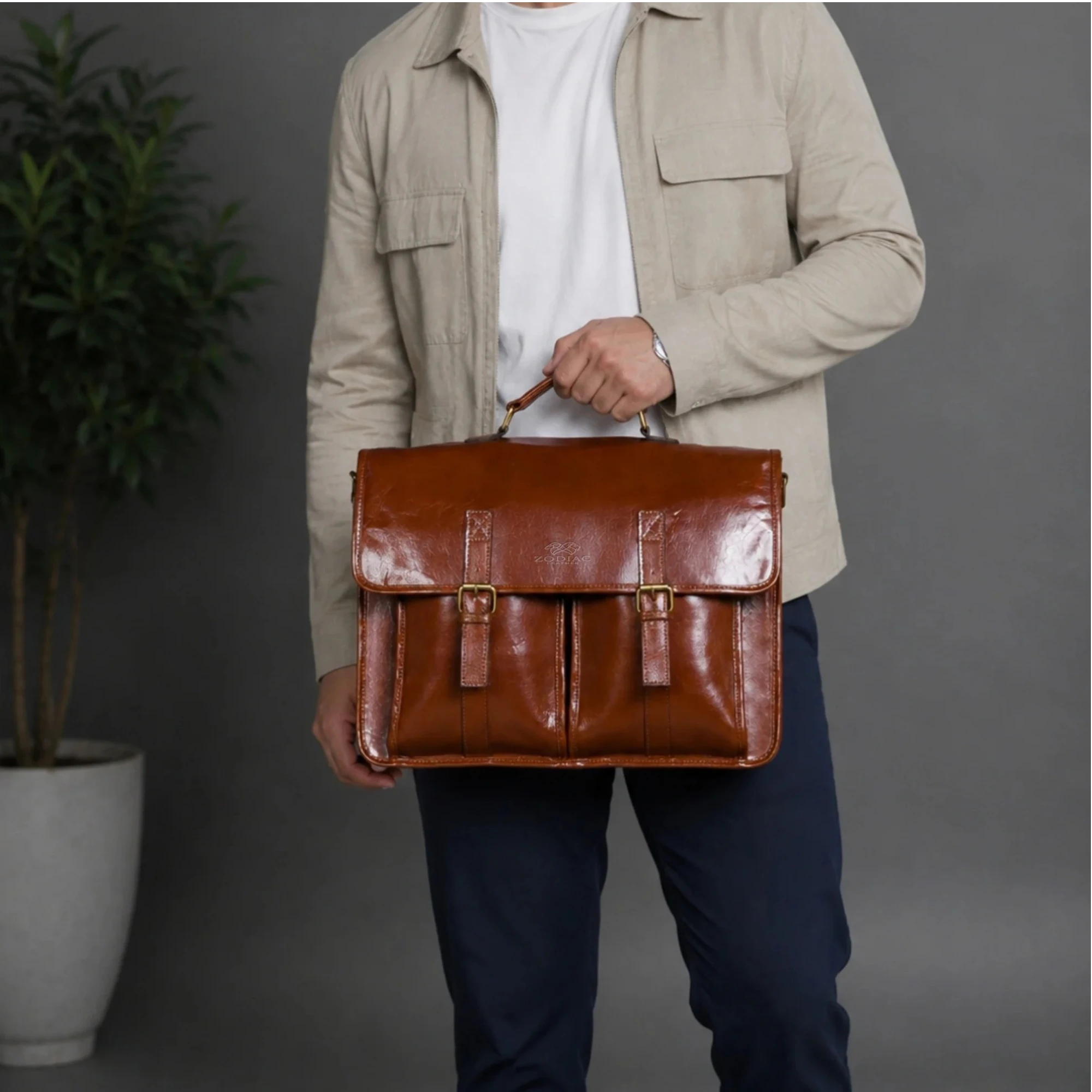 Zodiac Mason Brown Full Grain Leather Briefcase