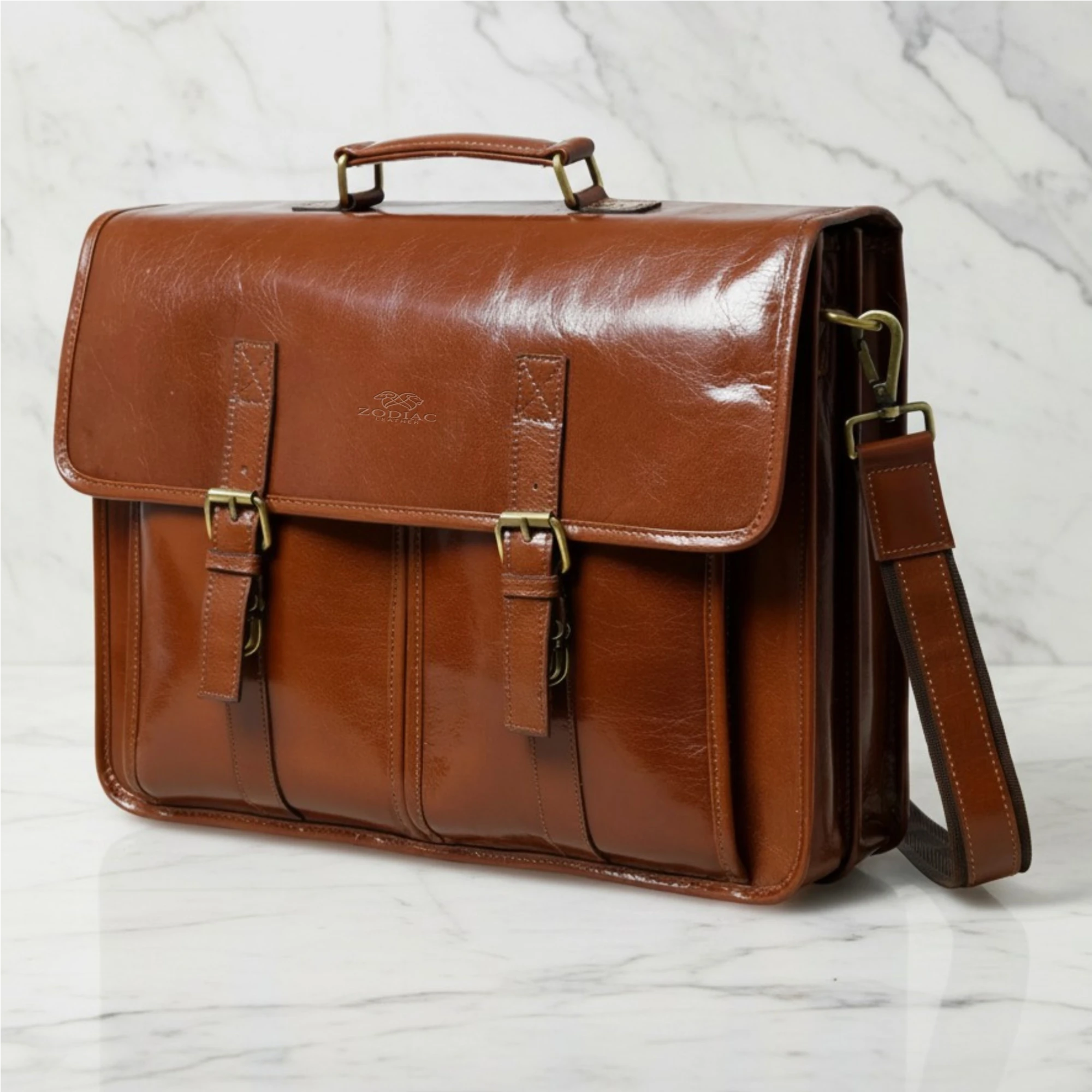 Zodiac Mason Brown Full Grain Leather Briefcase