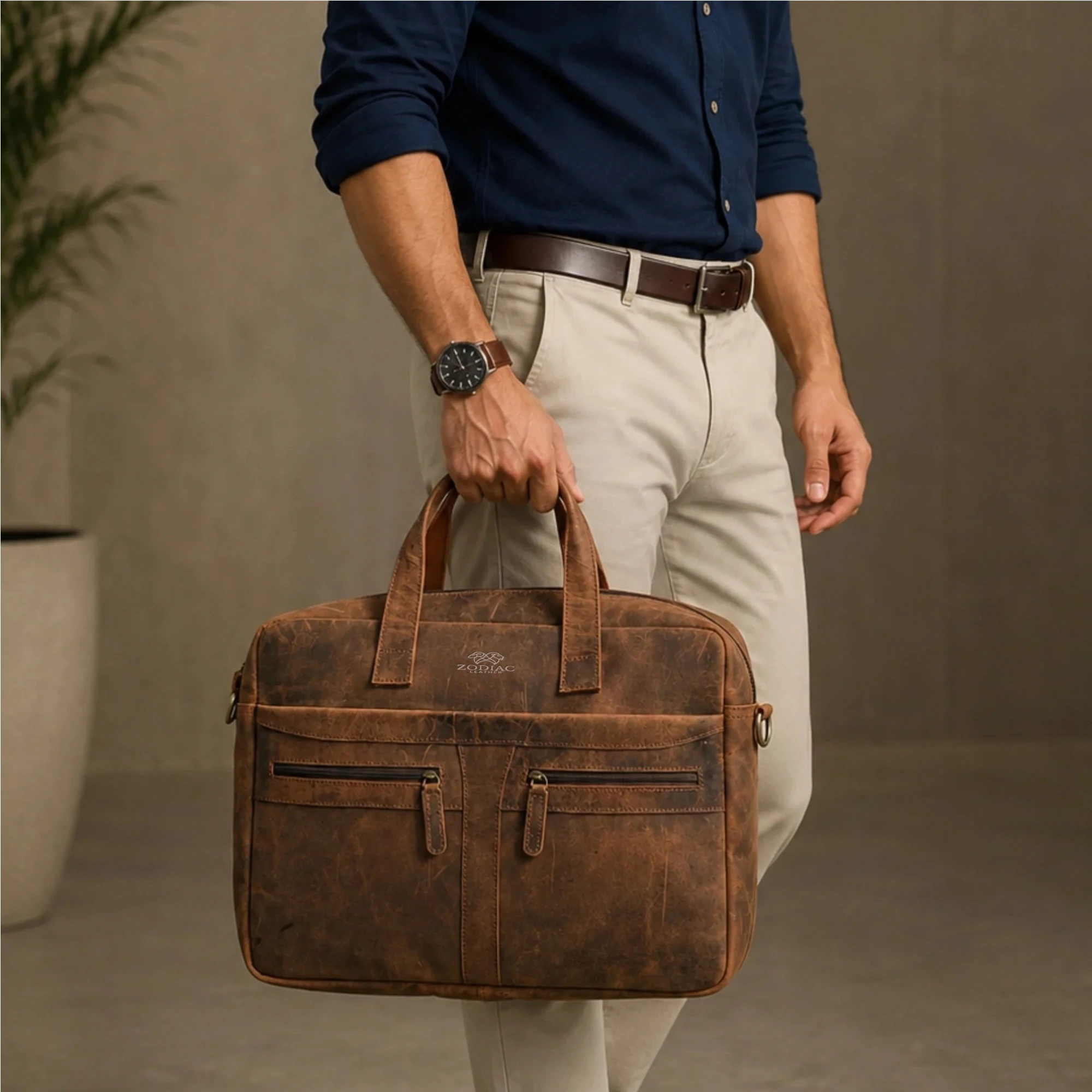 Zodiac Raw Leather Office Briefcase