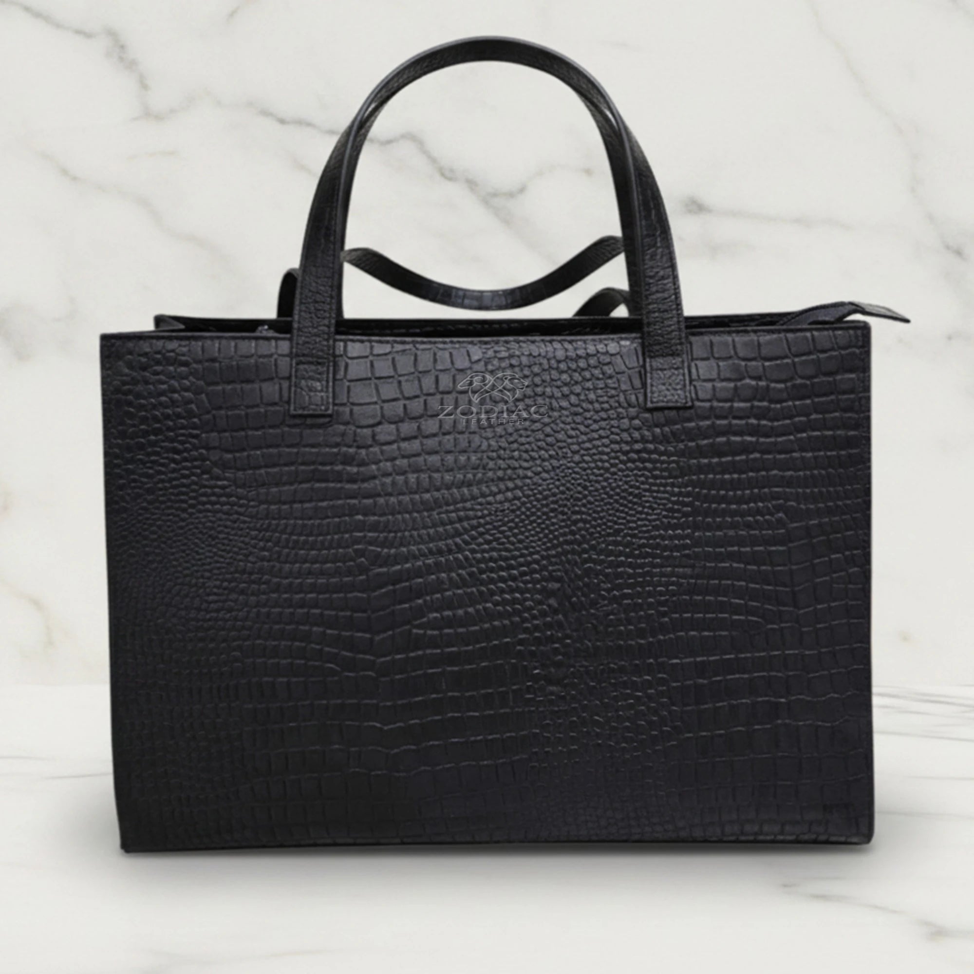 Sofia Genuine Leather Tote Bag Black Croc Embossed Design