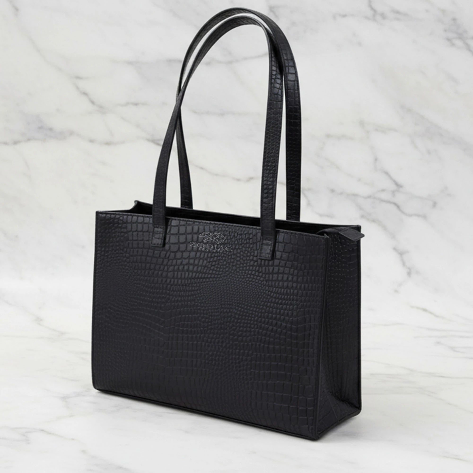 Sofia Genuine Leather Tote Bag Black Croc Embossed Design