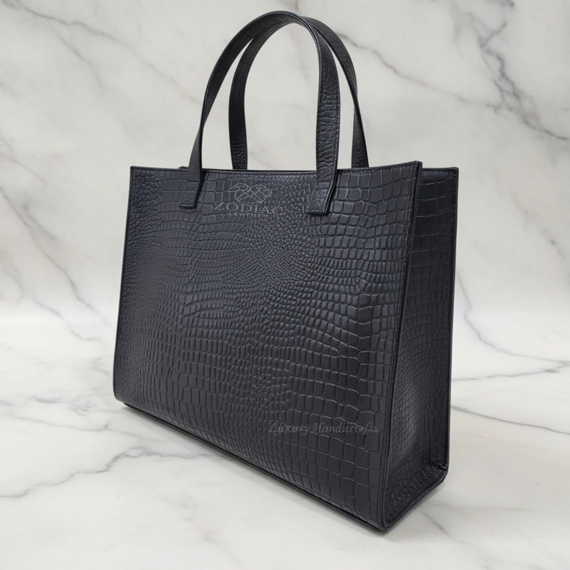 Sofia Genuine Leather Tote Bag Black Croc Embossed Design