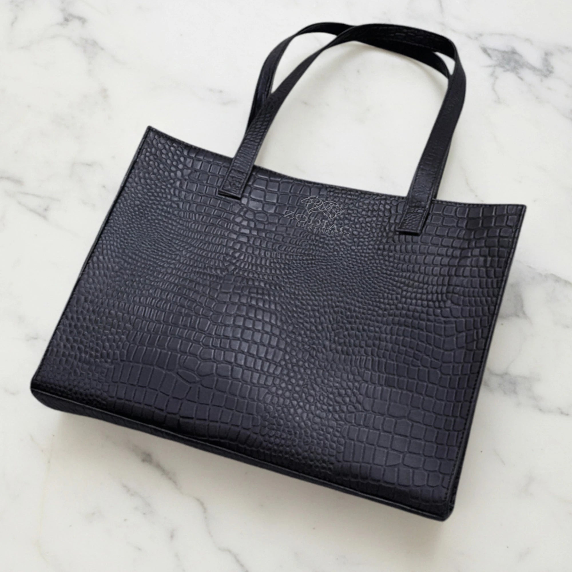 Sofia Genuine Leather Tote Bag Black Croc Embossed Design