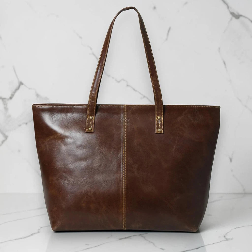 Zodiac Jimmy Genuine Leather Tote Handbag Dark Brown