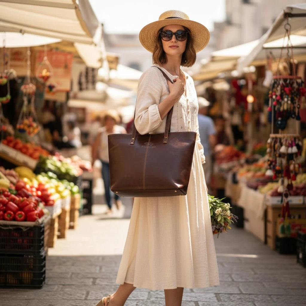 Zodiac Jimmy Genuine Leather Tote Handbag Dark Brown