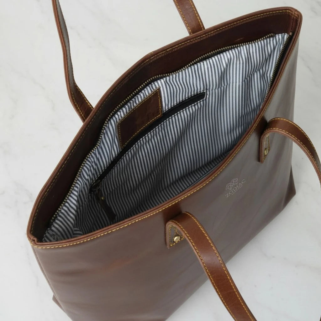 Zodiac Jimmy Genuine Leather Tote Handbag Dark Brown