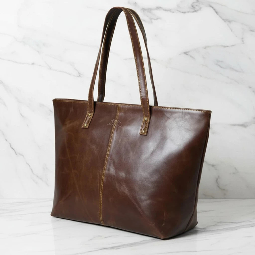 Zodiac Jimmy Genuine Leather Tote Handbag Dark Brown
