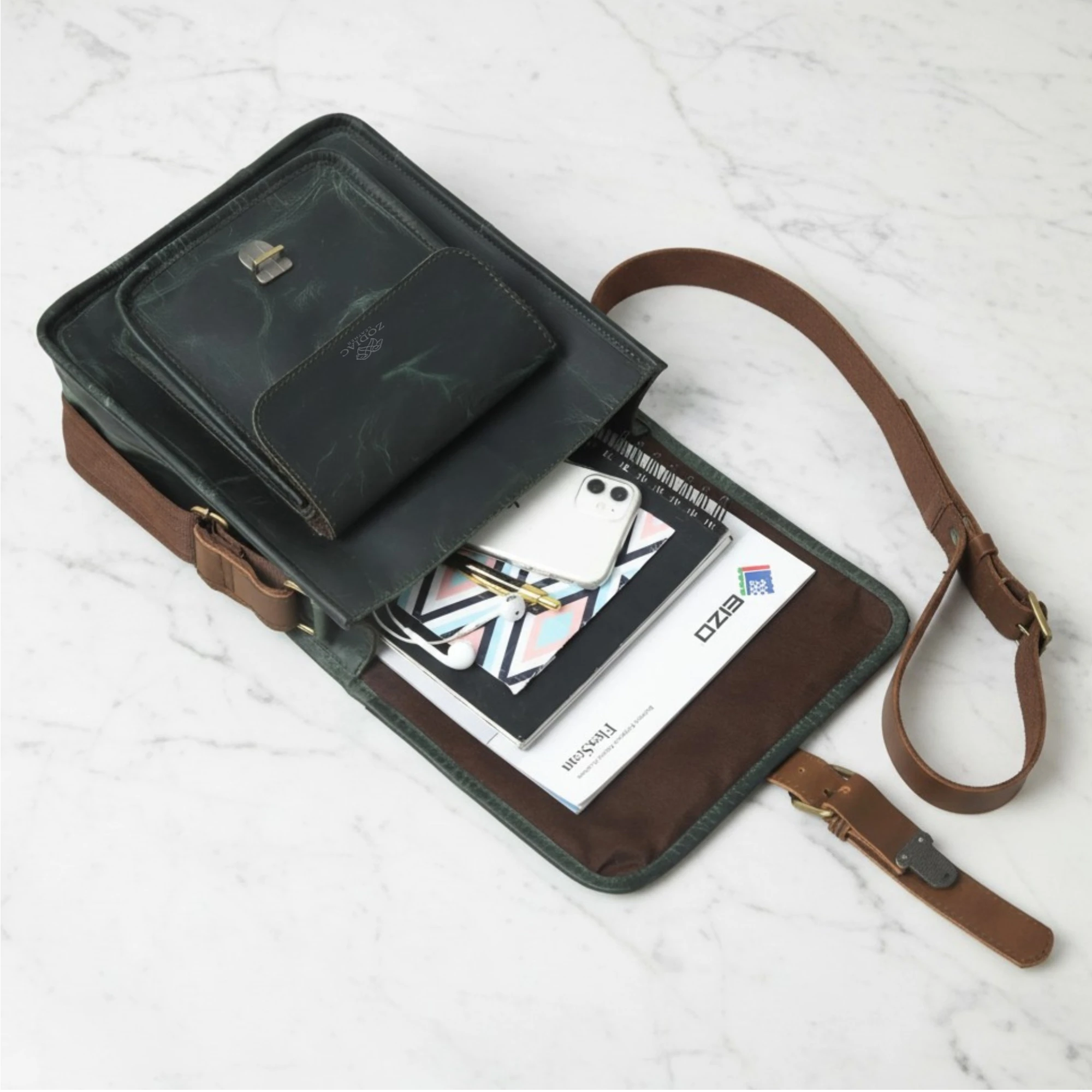 The Classic Green with Brown Accent Crossbody Messenger Bag