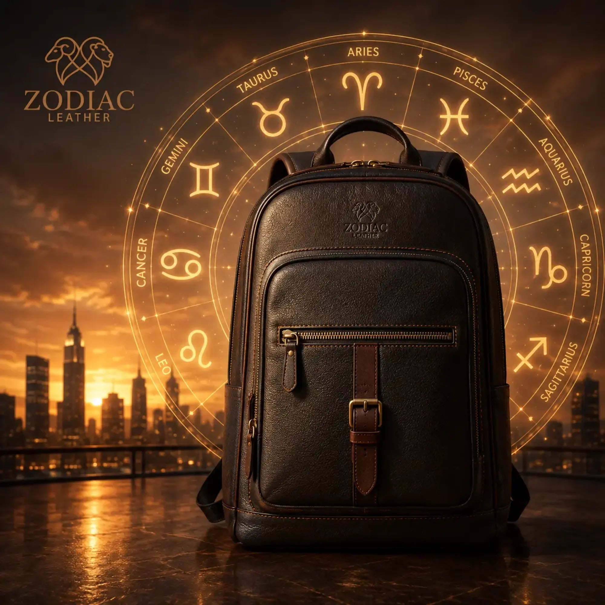 A dark brown leather backpack with a front zip pocket and a vertical leather strap closure, displayed against a city skyline at sunset with a glowing golden zodiac wheel graphic behind it. The brand 'ZODIAC LEATHER' is visible in the top left corner.