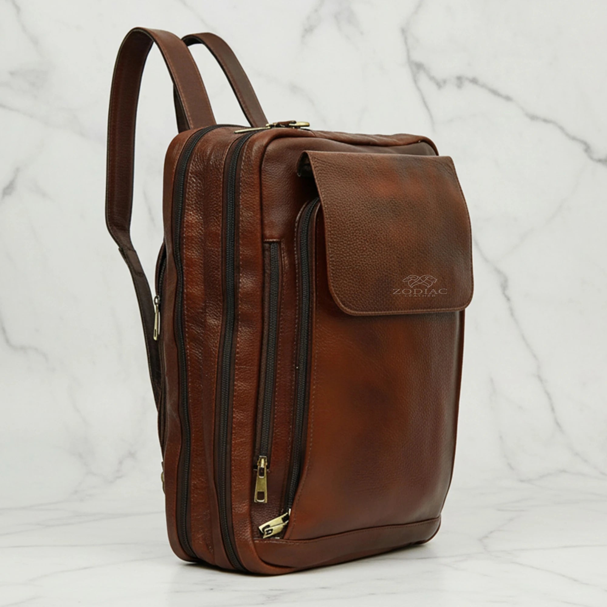 Zodiac Asahi Genuine Leather 2 In 1 Backpack Bag Tan Brown
