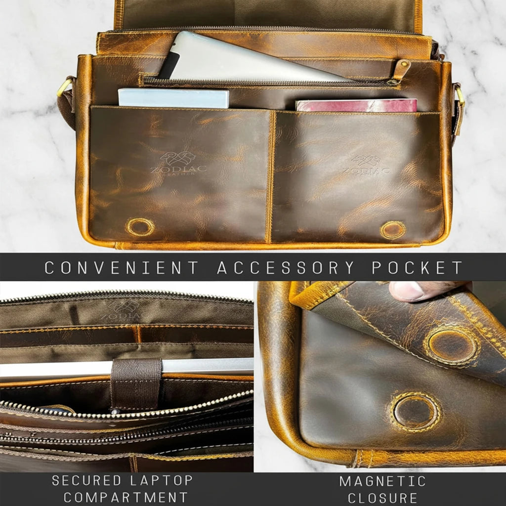 Zodiac Atlas Genuine Leather Laptop Bag Brown