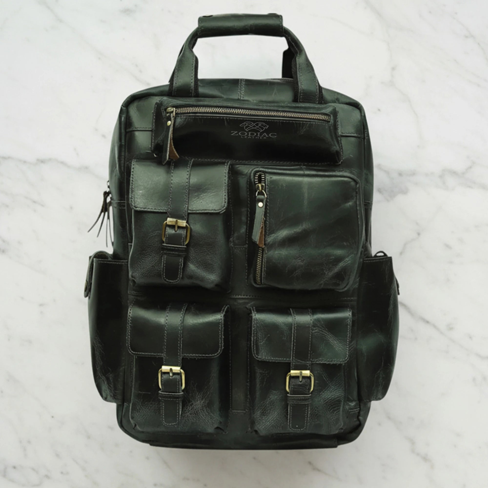 Zodiac Diego Genuine Leather Backpack Unisex Multifunctional Dark Green