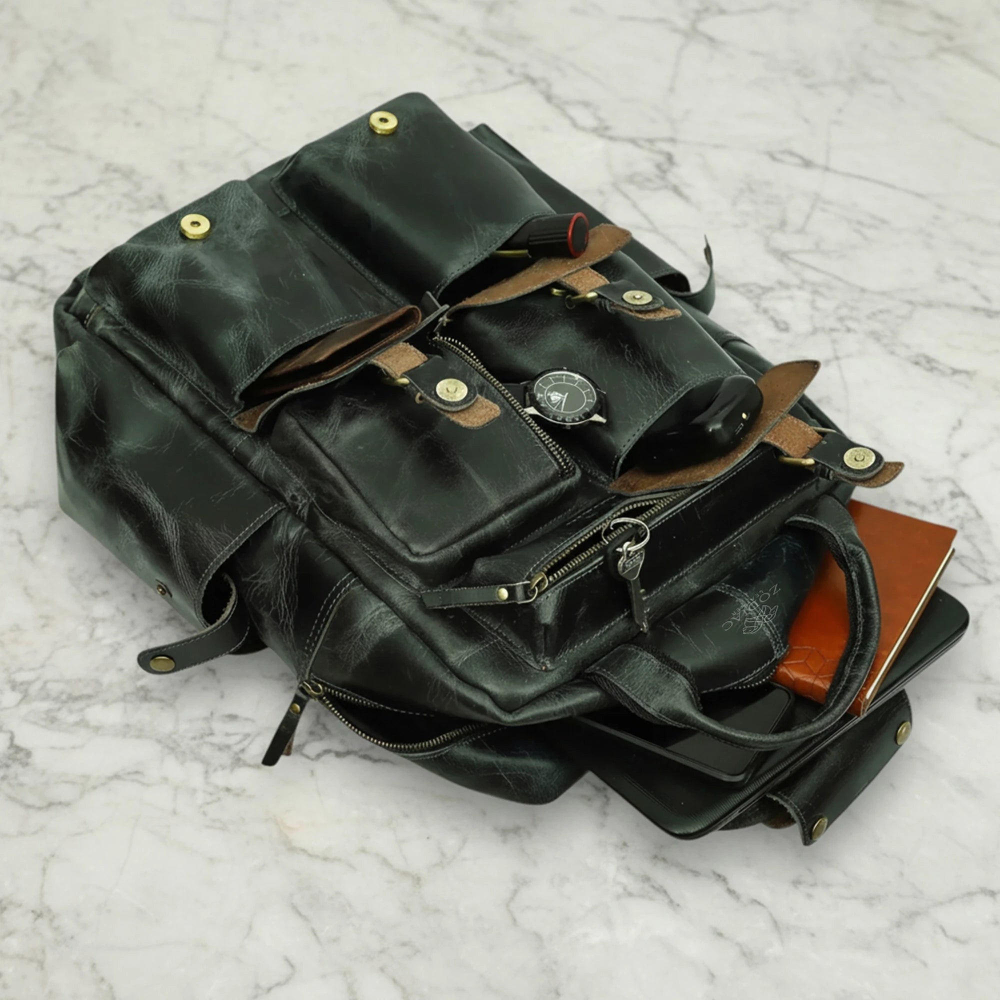 Zodiac Diego Genuine Leather Backpack Unisex Multifunctional Dark Green