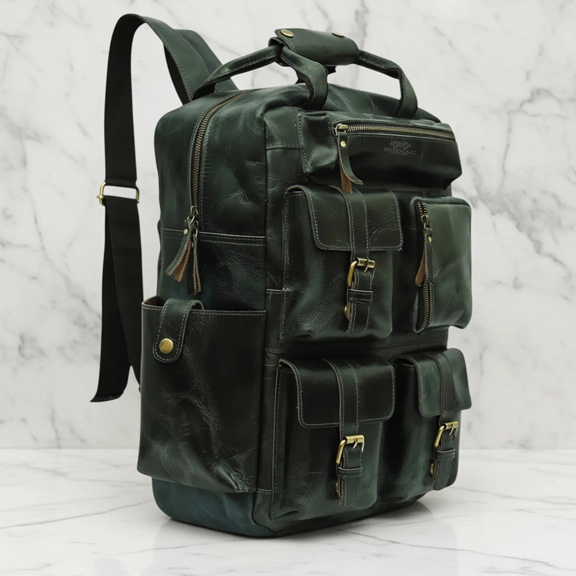 Zodiac Diego Genuine Leather Backpack Unisex Multifunctional Dark Green