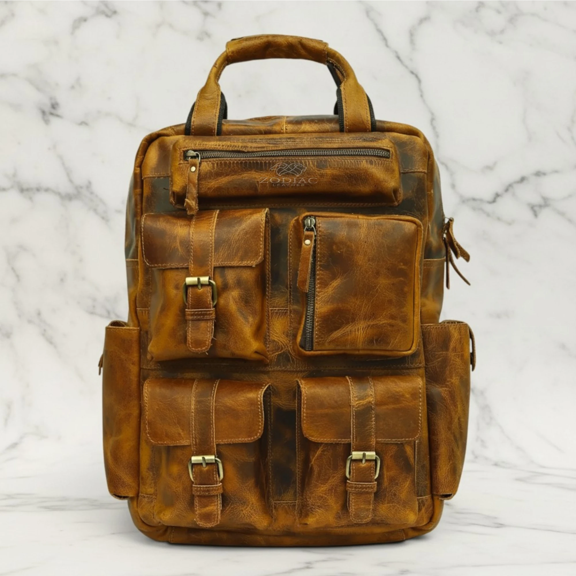 Zodiac Diego Genuine Leather Backpack Unisex Multifunctional Distress Yellow