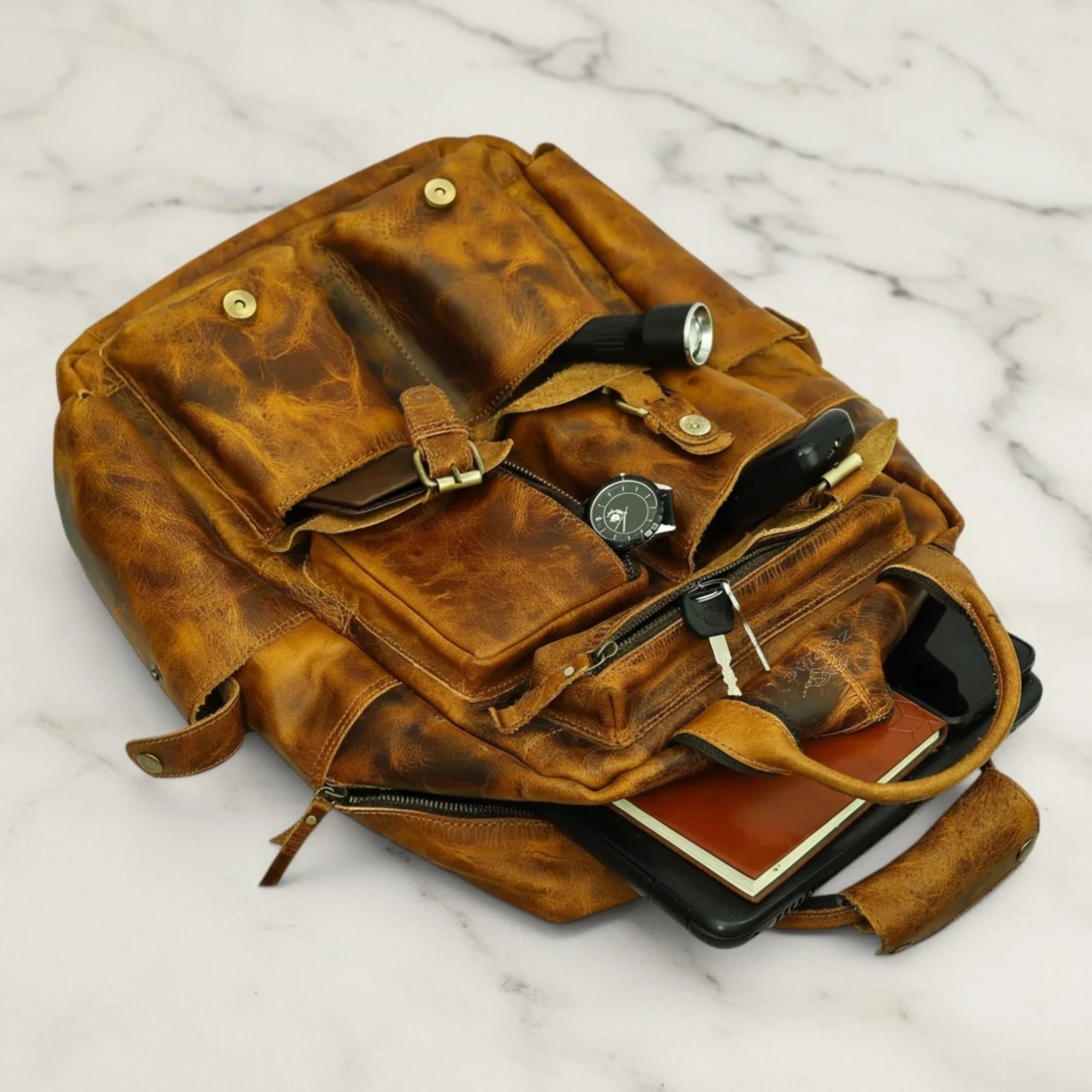 Zodiac Diego Genuine Leather Backpack Unisex Multifunctional Distress Yellow