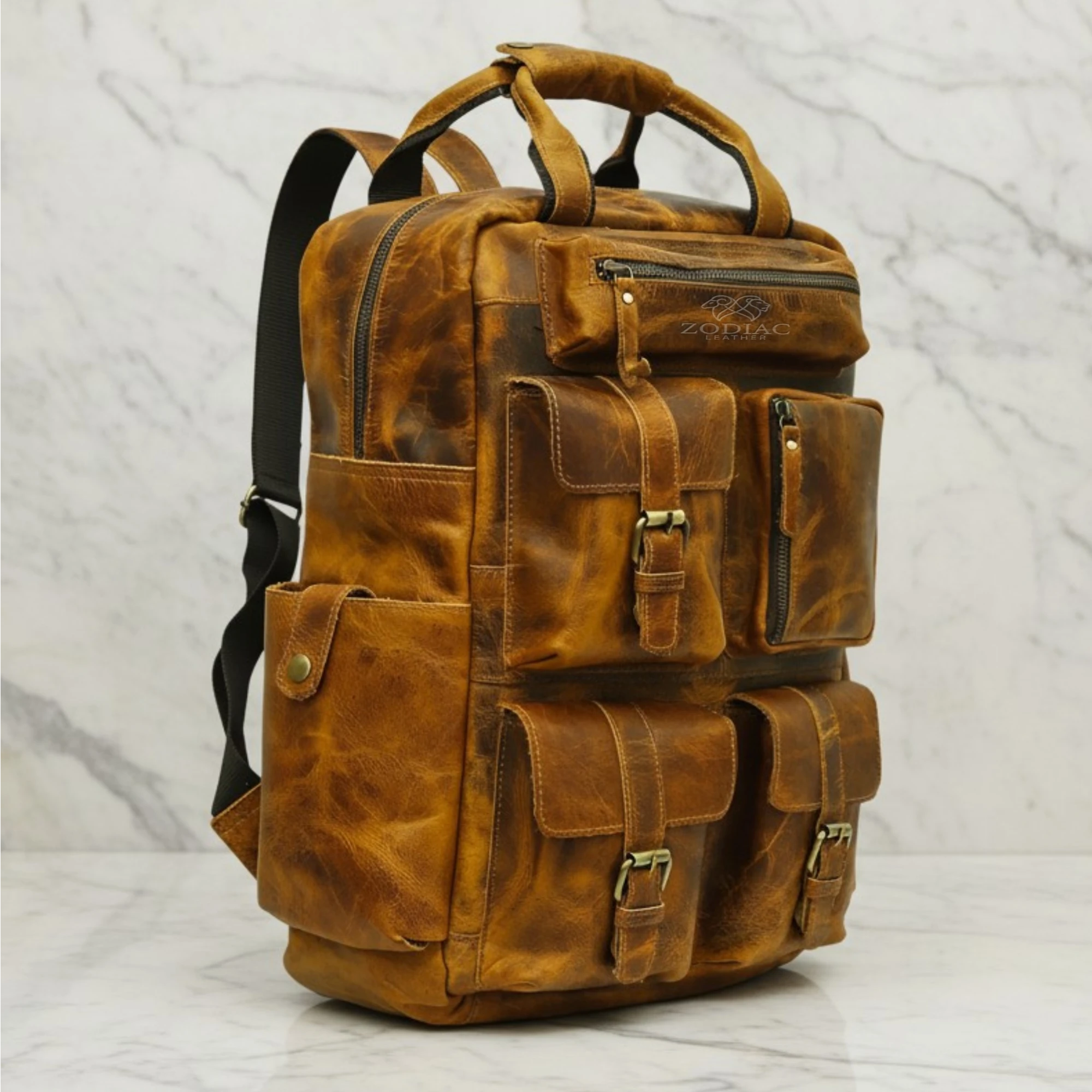 Zodiac Diego Genuine Leather Backpack Unisex Multifunctional Distress Yellow