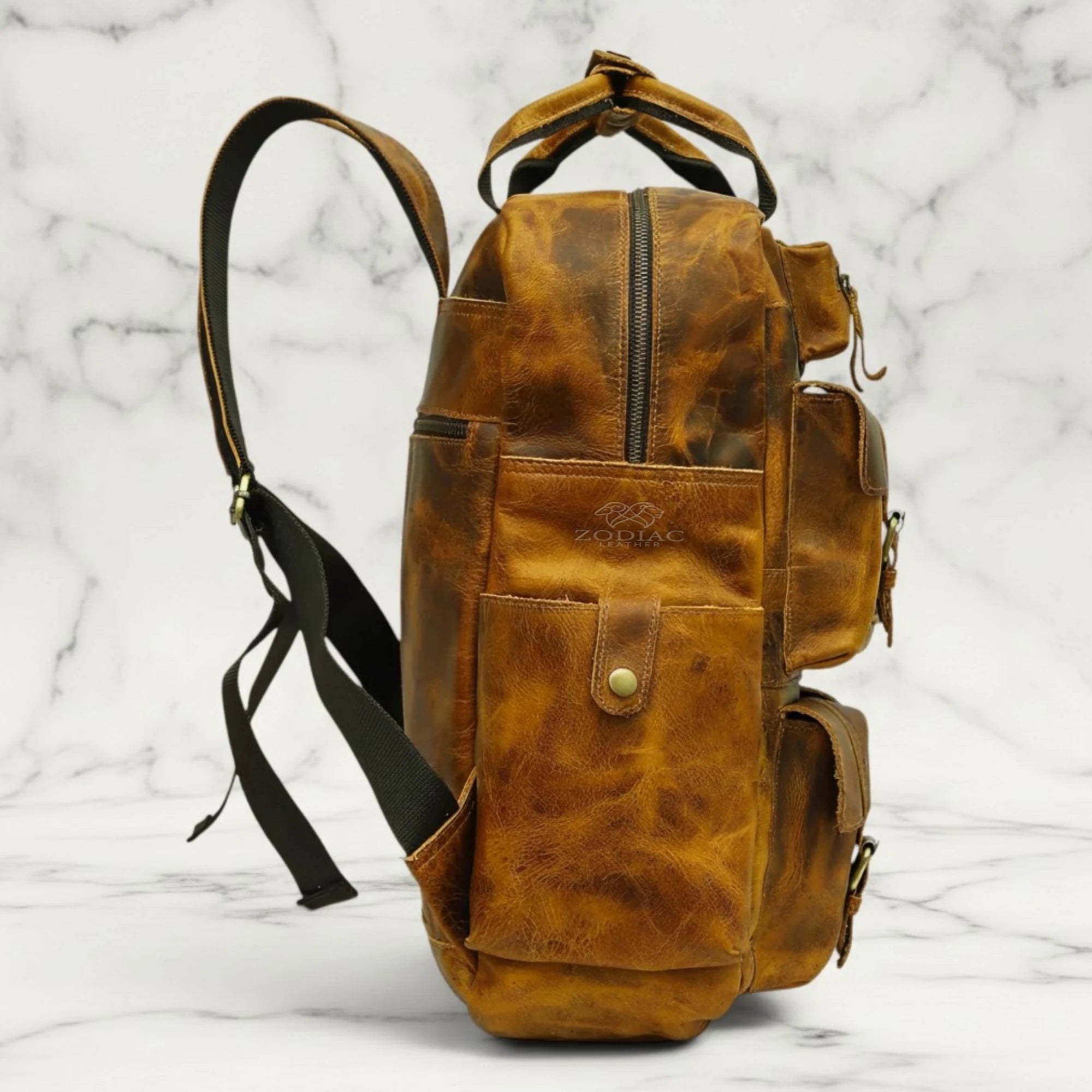 Zodiac Diego Genuine Leather Backpack Unisex Multifunctional Distress Yellow