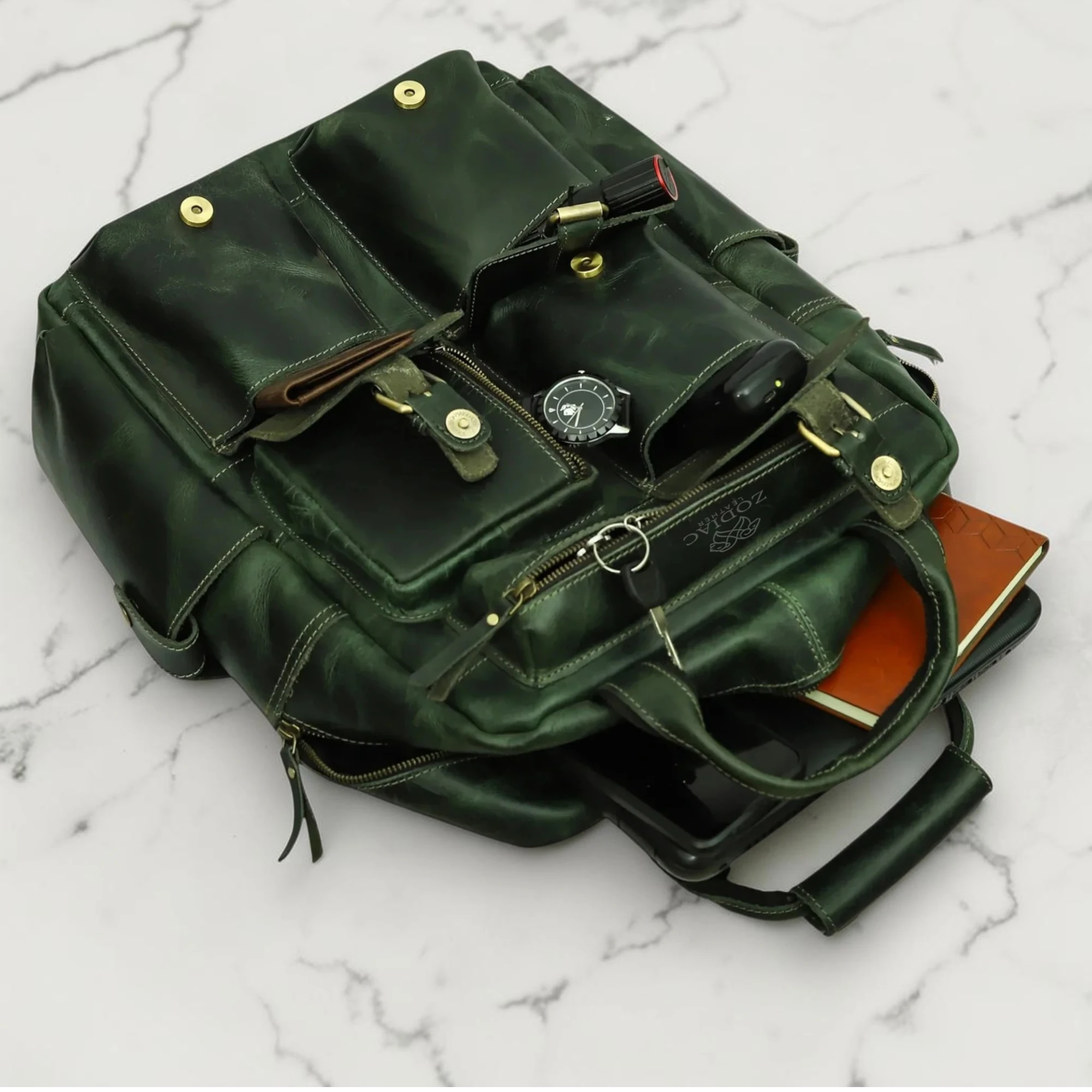 Zodiac Diego Genuine Leather Backpack Unisex Multifunctional Green