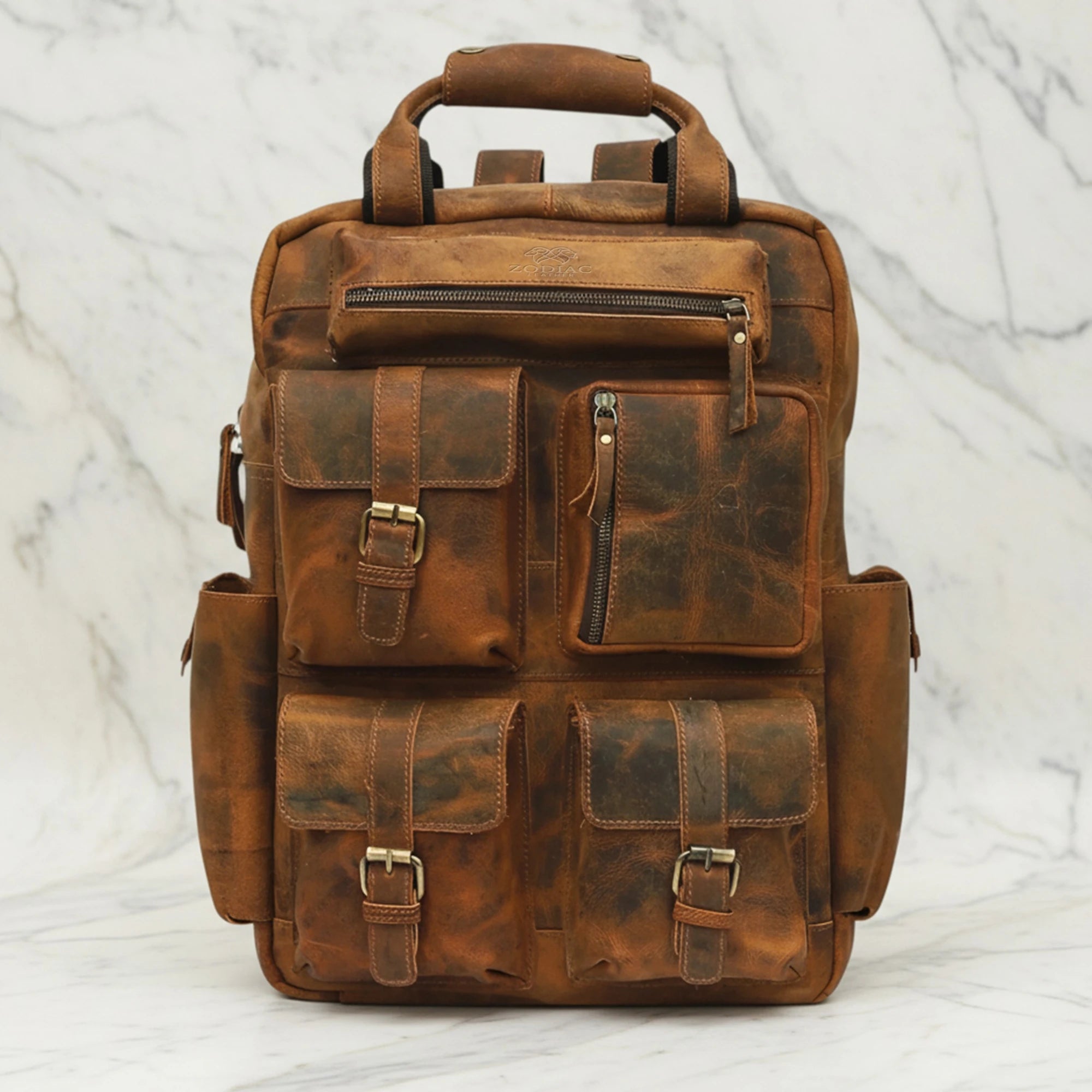 Zodiac Diego Genuine Leather Backpack Unisex Multifunctional Tan Brown