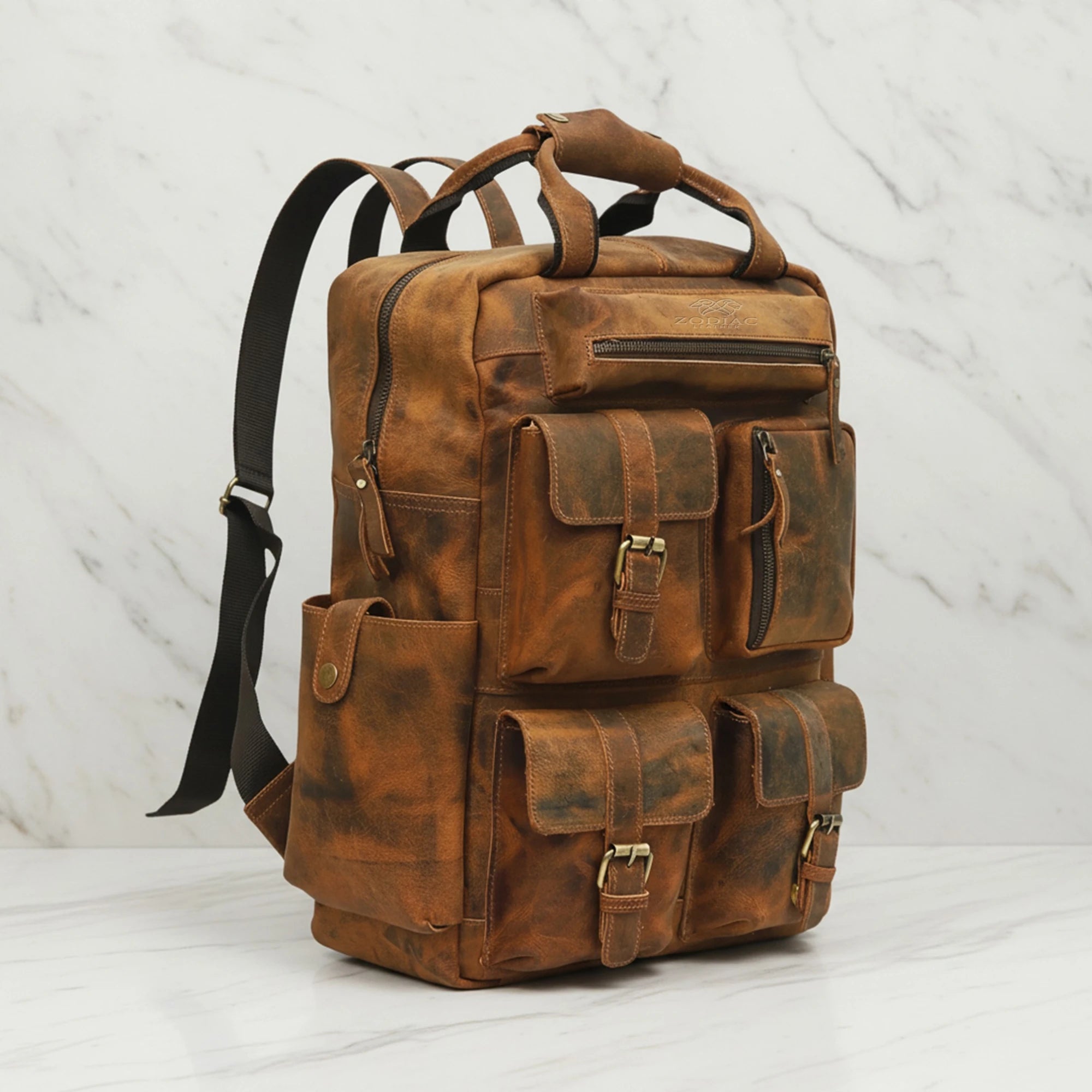 Zodiac Diego Genuine Leather Backpack Unisex Multifunctional Tan Brown