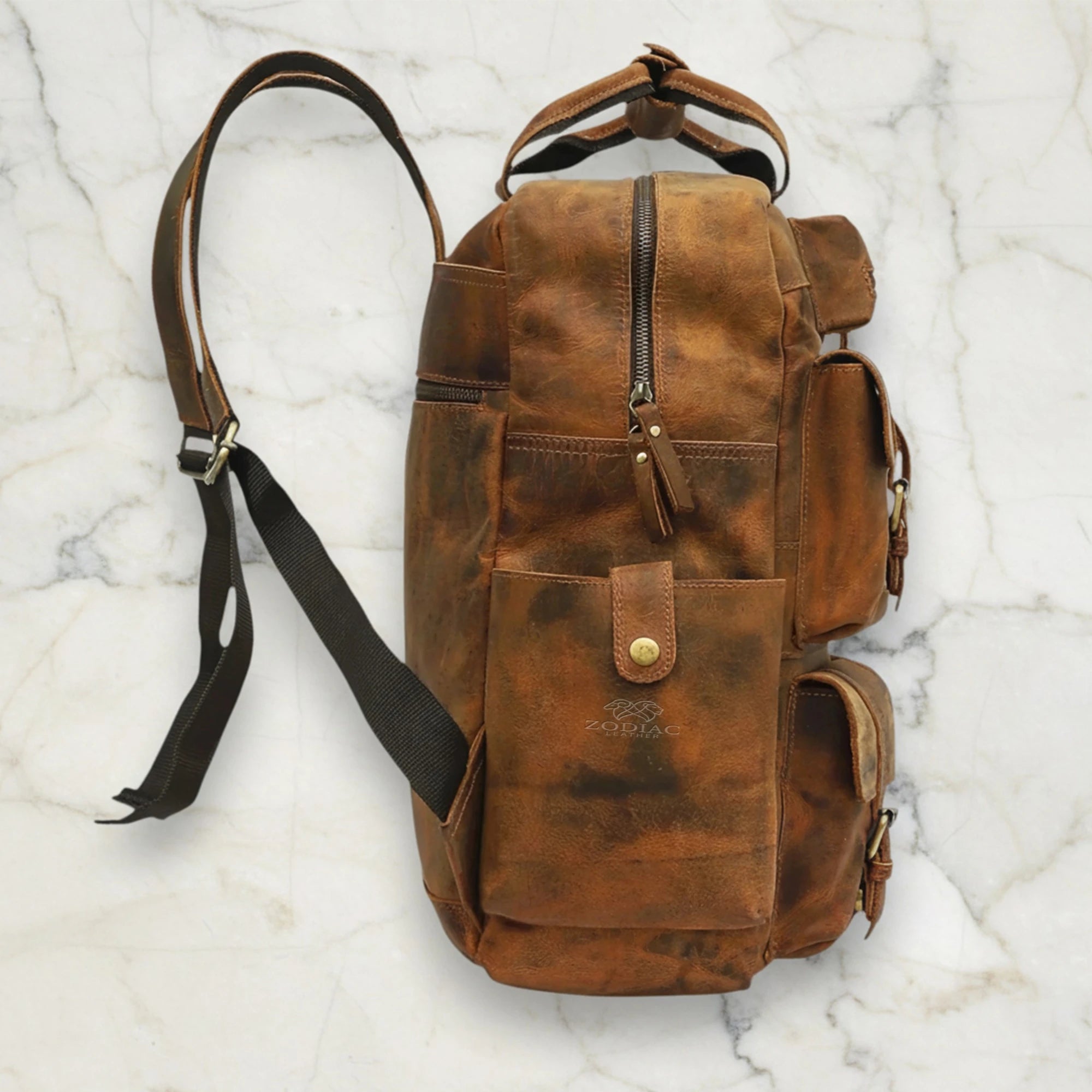 Zodiac Diego Genuine Leather Backpack Unisex Multifunctional Tan Brown