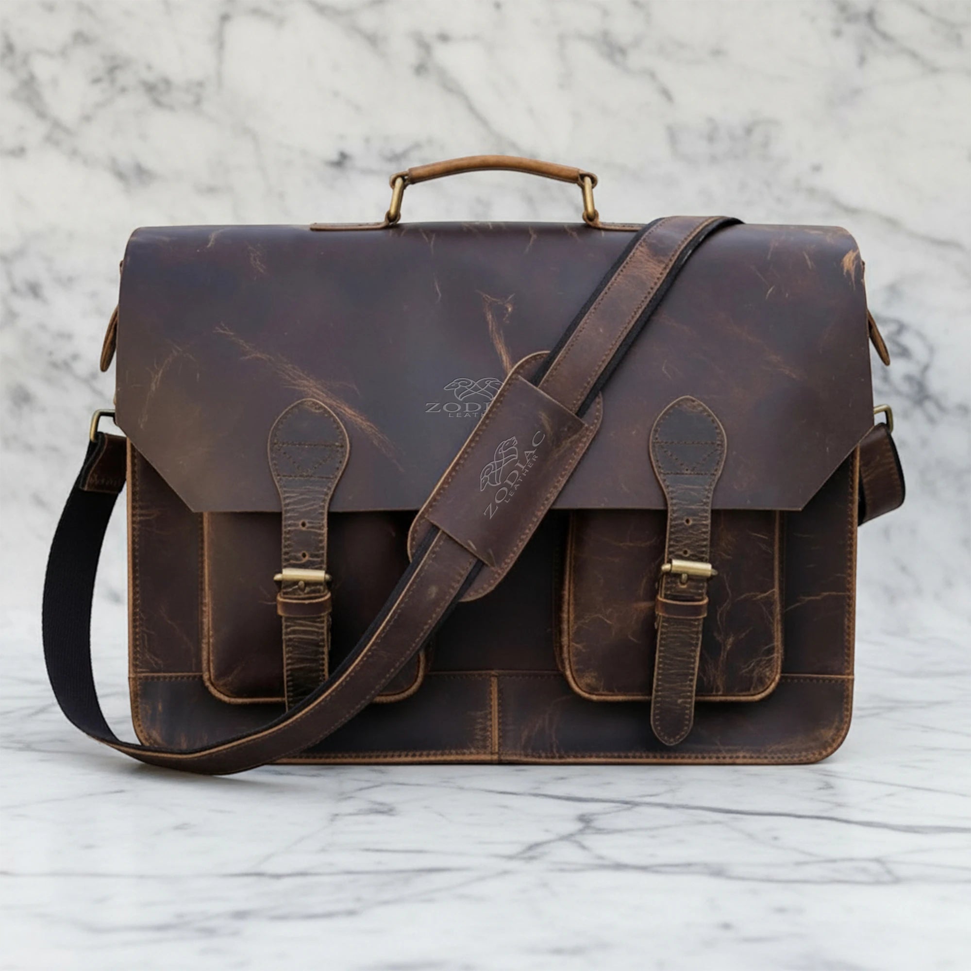 Zodiac Distressed Hunter Buffalo Leather Laptop Messenger Bag
