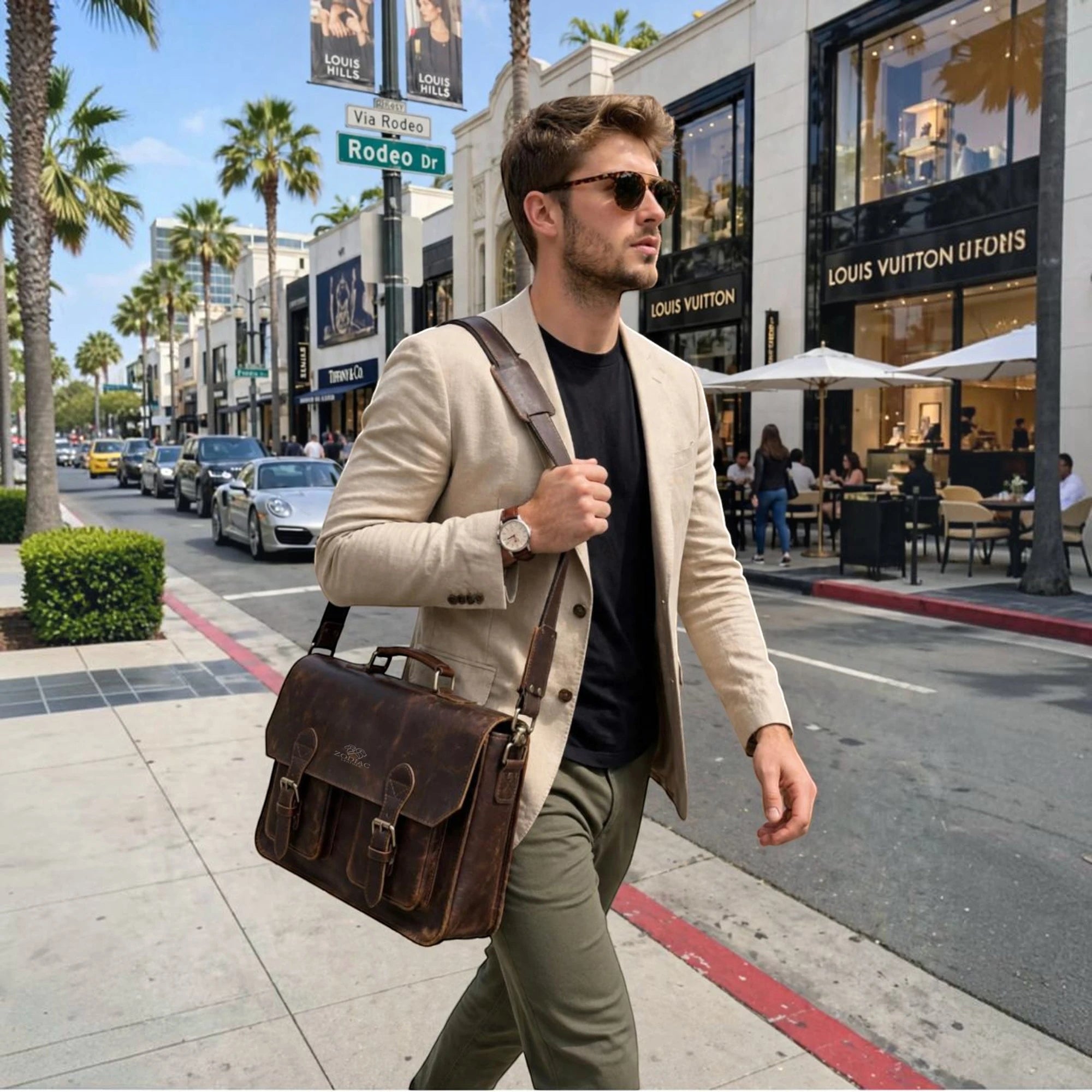 Zodiac Distressed Hunter Buffalo Leather Laptop Messenger Bag