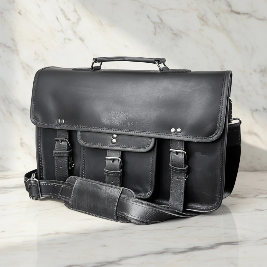 Zodiac Ezra 16 Inches Hunter Leather Laptop Bag Black