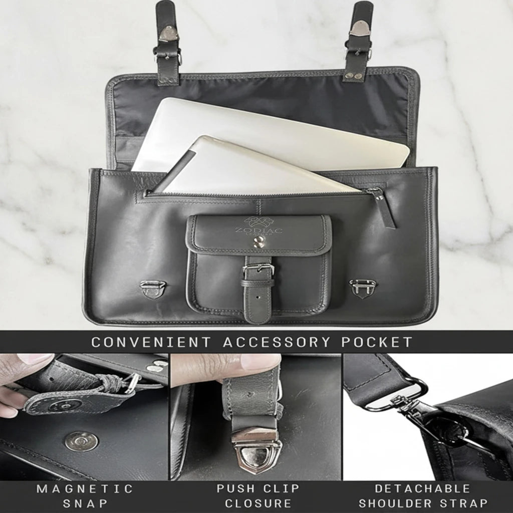 Zodiac Ezra 16 Inches Hunter Leather Laptop Bag Black