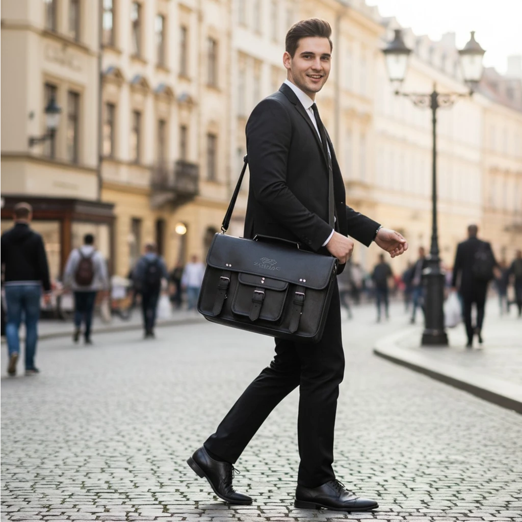 Zodiac Ezra 16 Inches Hunter Leather Laptop Bag Black
