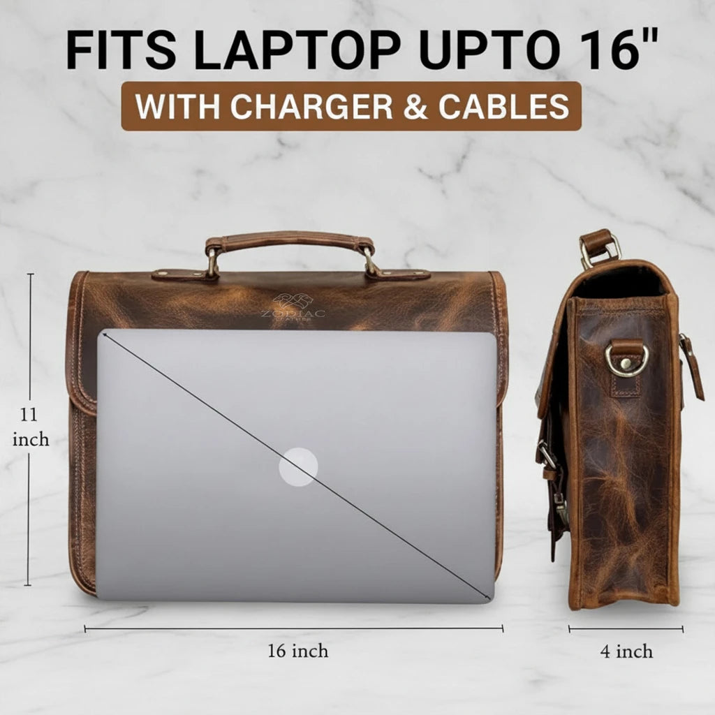 Zodiac Ezra 16 Inches Hunter Leather Laptop Bag Brown