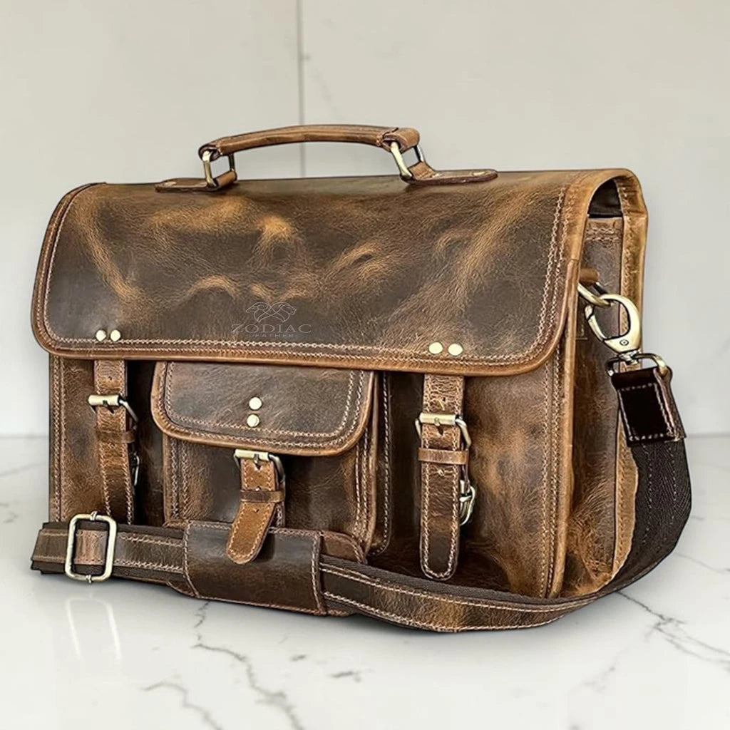 Zodiac Ezra 16 Inches Hunter Leather Laptop Bag Brown