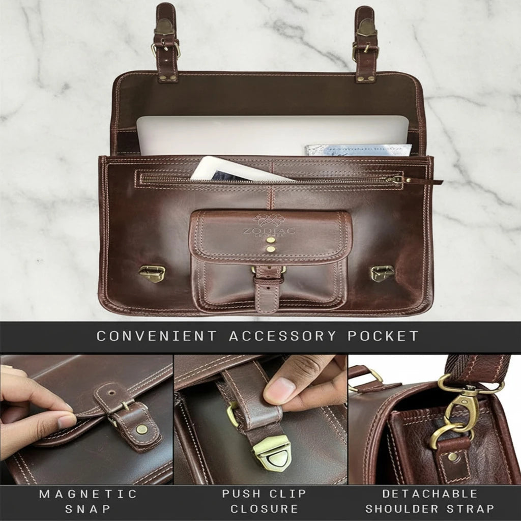 Zodiac Ezra 16 Inches Hunter Leather Laptop Bag Mulberry