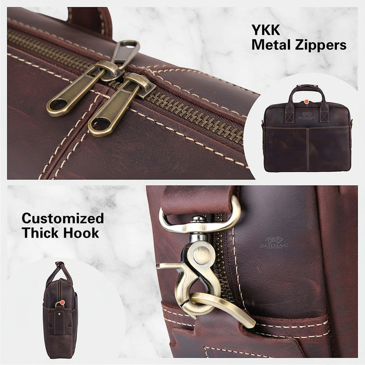 Close-up of full grain leather on a Zodiac Leather briefcase