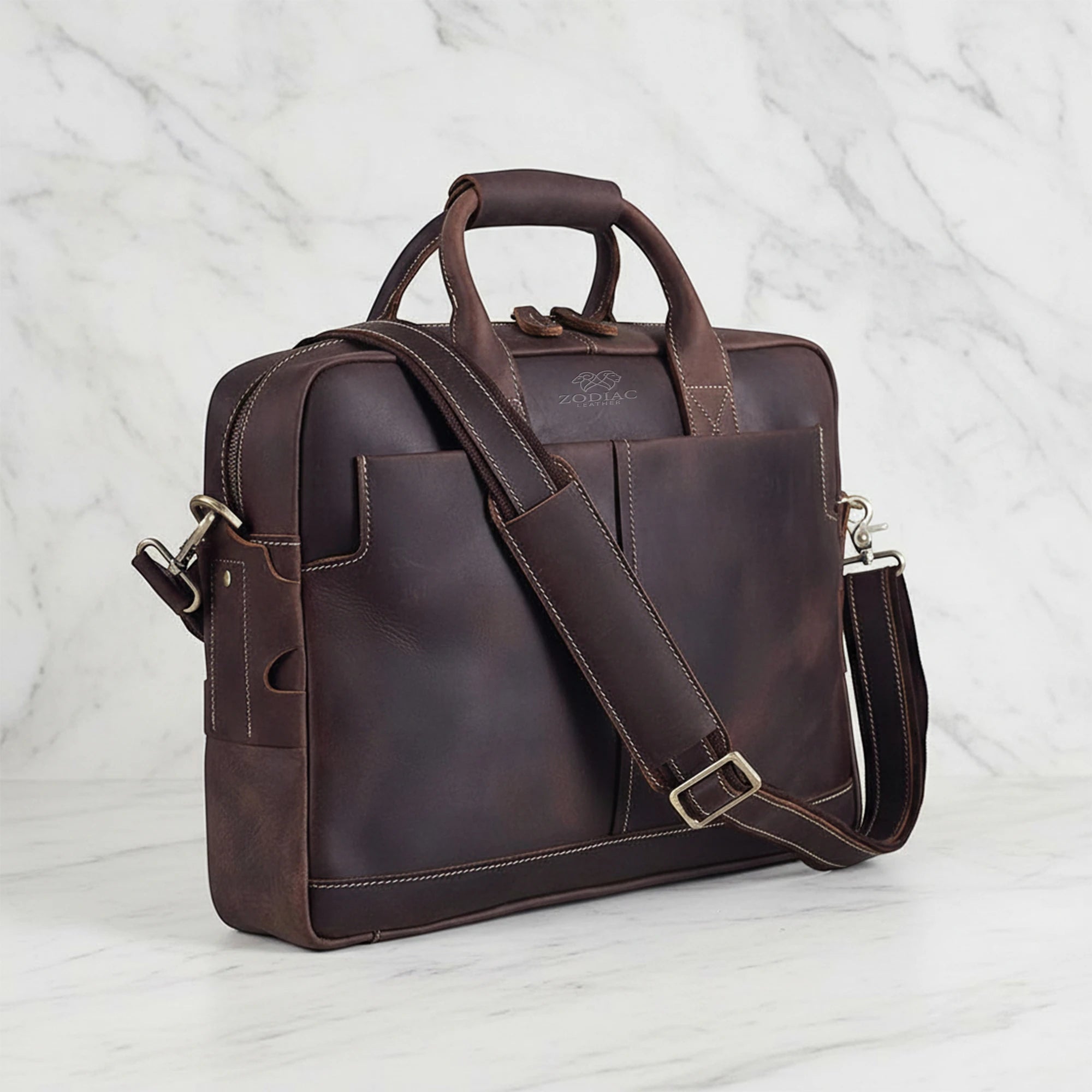 Zodiac Genuine Full Grain 16 Inch Laptop Briefcase Bag Dark Brown
