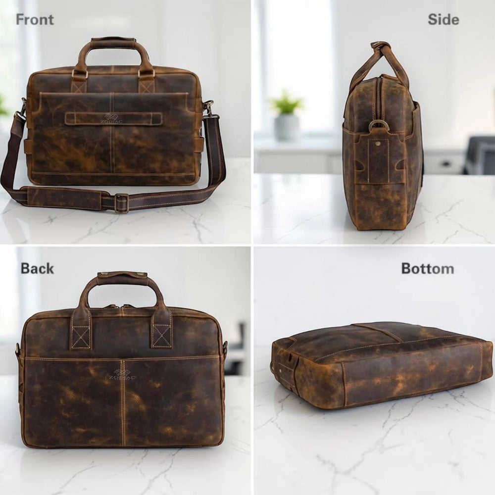 Full grain leather close-up on the Executive briefcase
