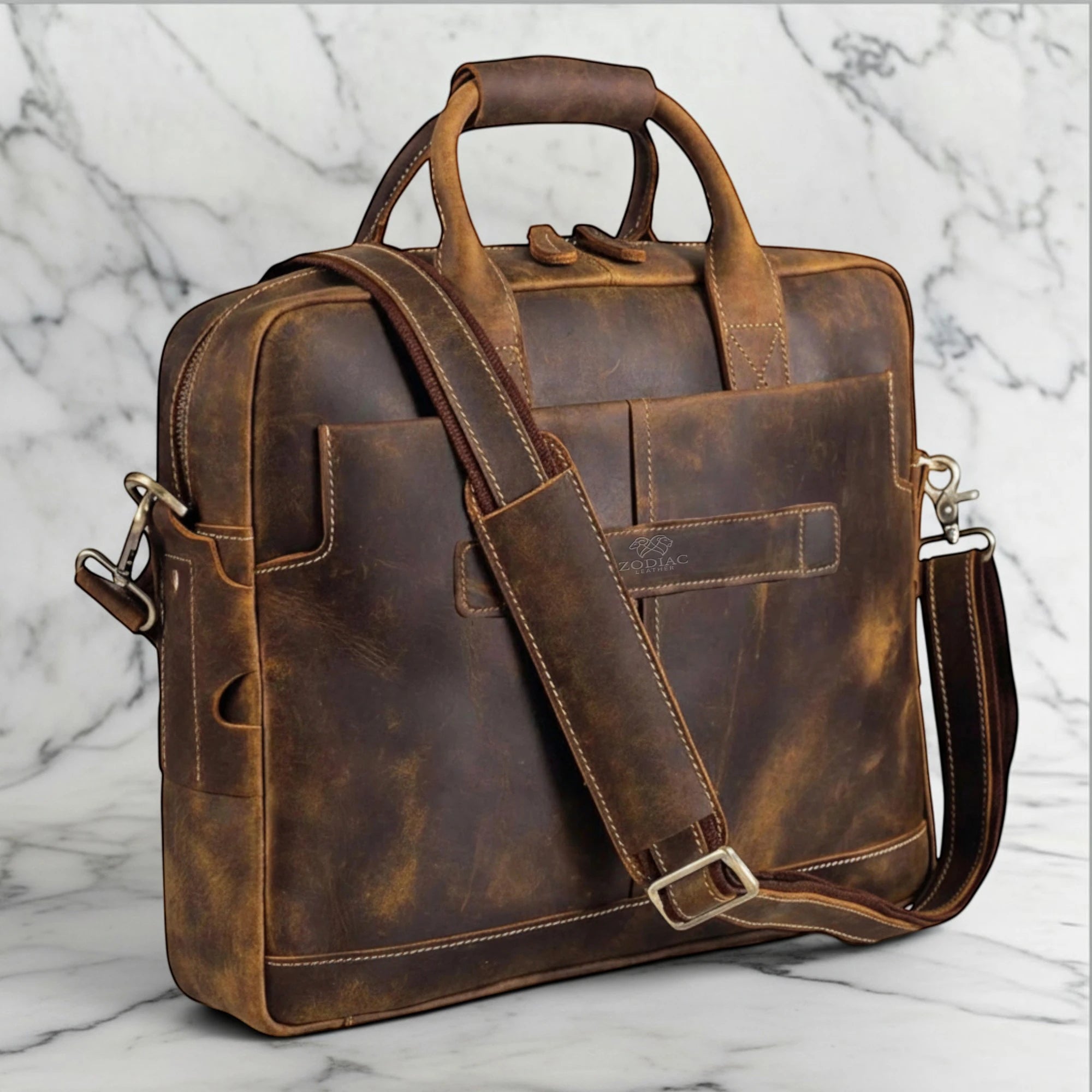 Zodiac Genuine Full Grain 17 Inch Laptop Briefcase Bag Brown