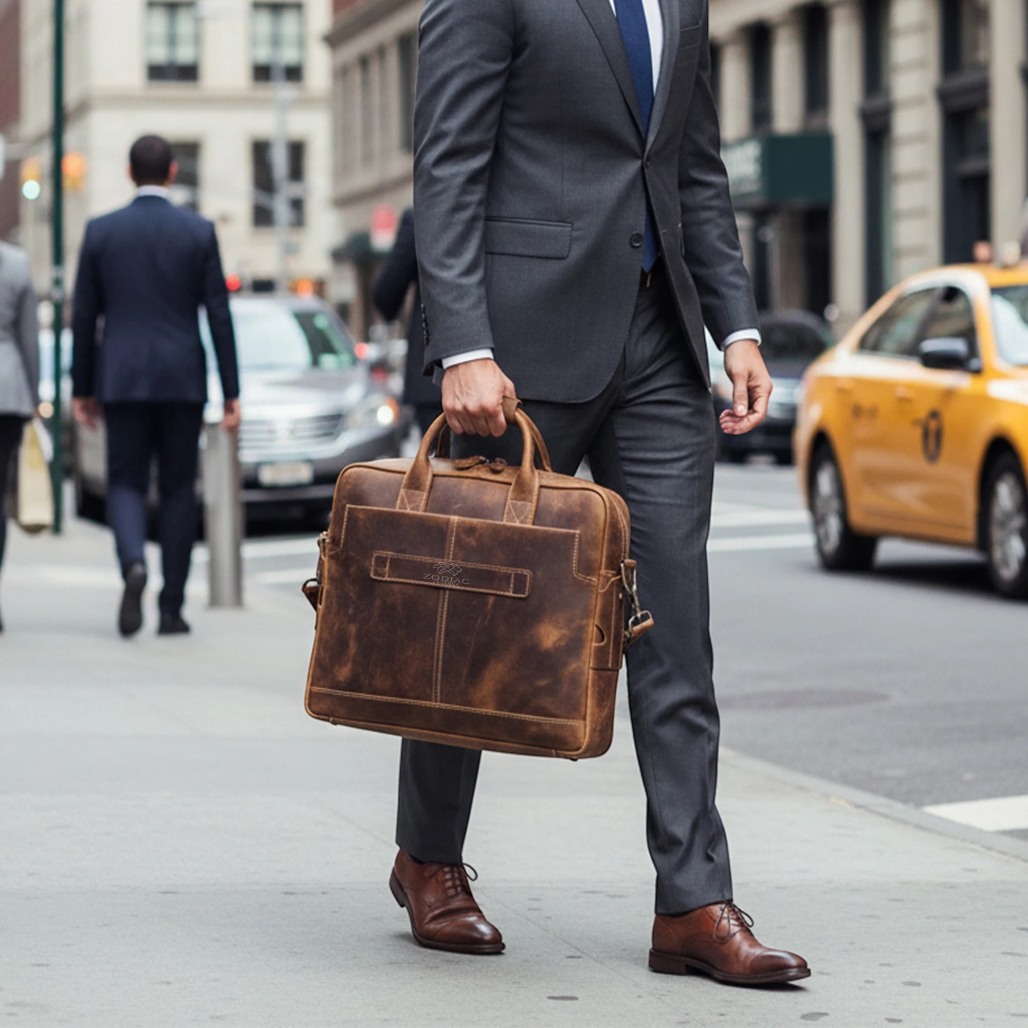 Zodiac Genuine Full Grain 17 Inch Laptop Briefcase Bag Brown