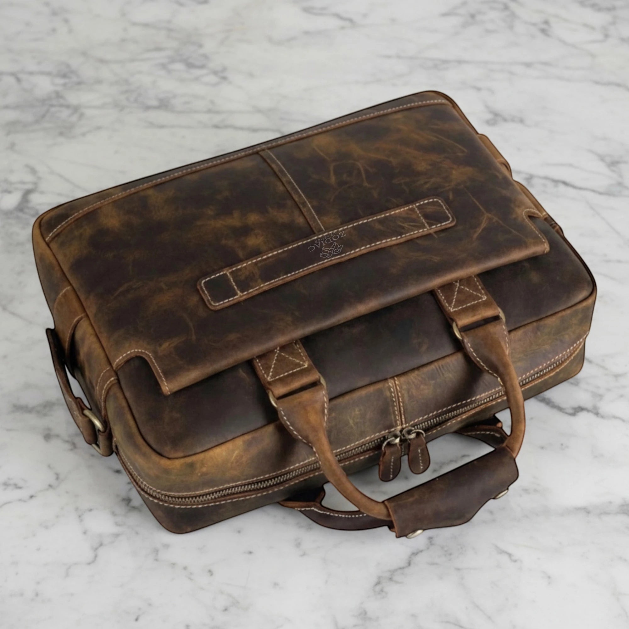 Zodiac Genuine Full Grain 17 Inch Laptop Briefcase Bag Brown